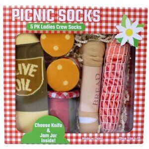 New Picnic 5 PAIRS Ladies CREW SOCKS Set (Jam BREAD Salami) Gag Gift Size 4-10